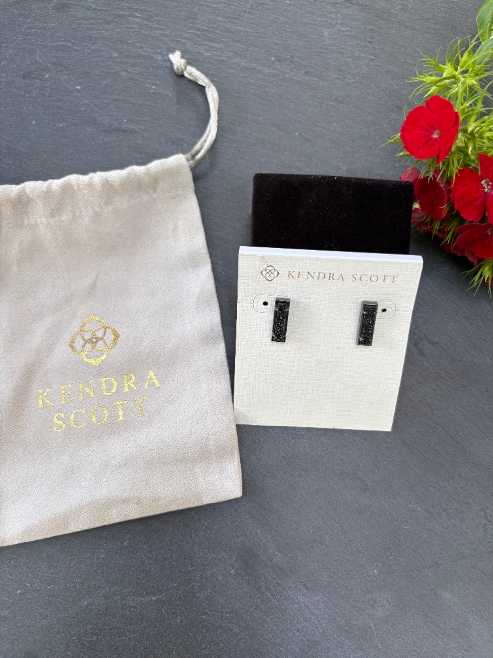 Kendra Scott Lady Rhodium Platinum Black Druzy Rectangle Bar Studs NIB